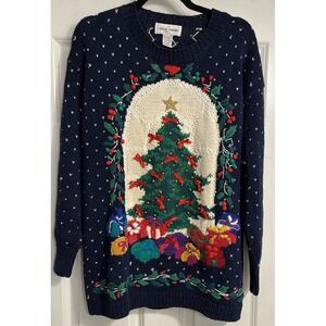 Vtg Casual Corner Embroidered Christmas Tree Sweater Blue Sz Small Oversized